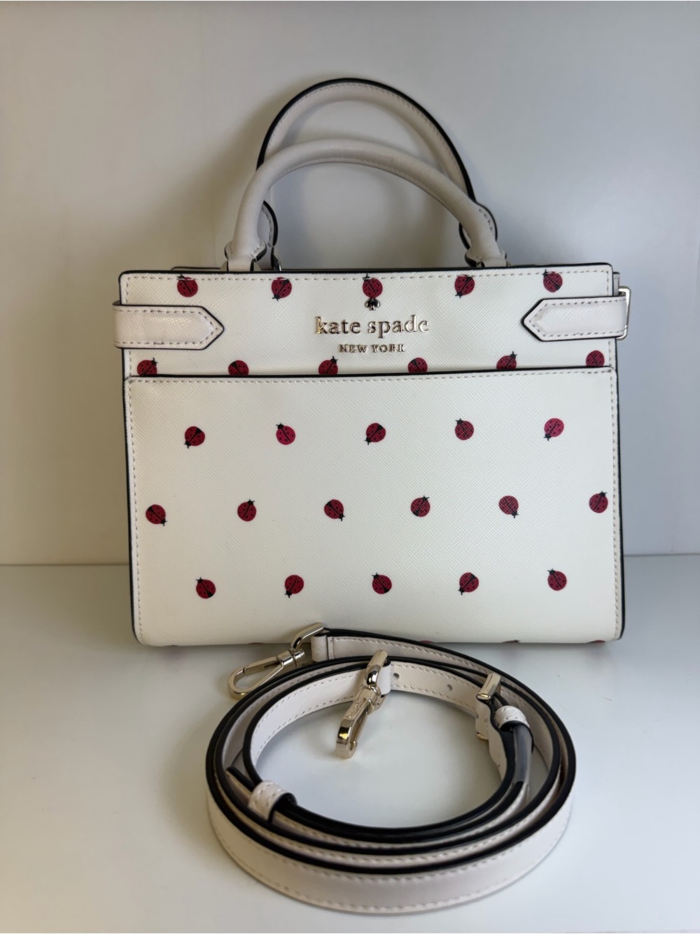 Kate Spade Dottie Staci White Small Satchel with Red Ladybug Print